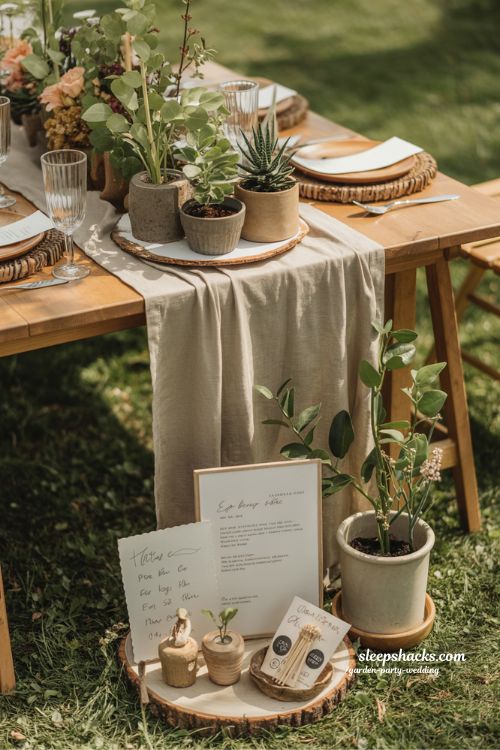 Eco-Friendly Garden Party Wedding Decor with Potted Plants and Sustainable Details