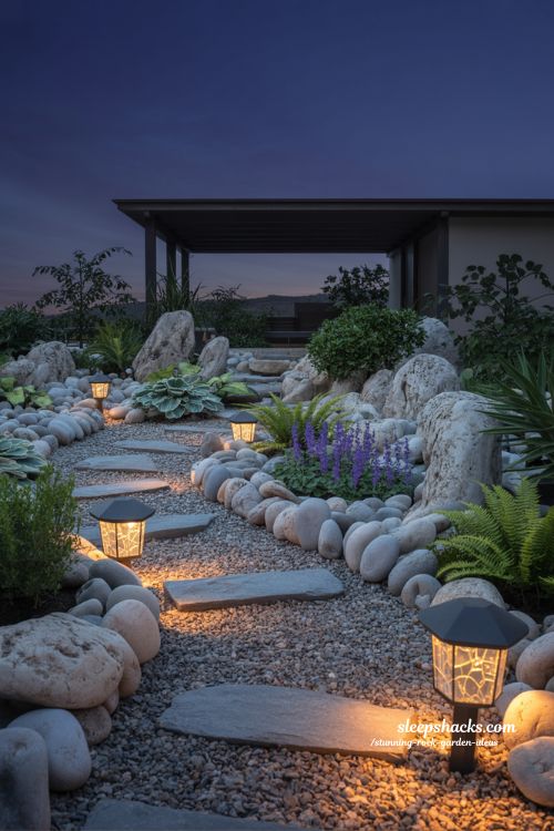 Enchanting Decorative Rock Garden with Cozy Twilight Lighting Accents