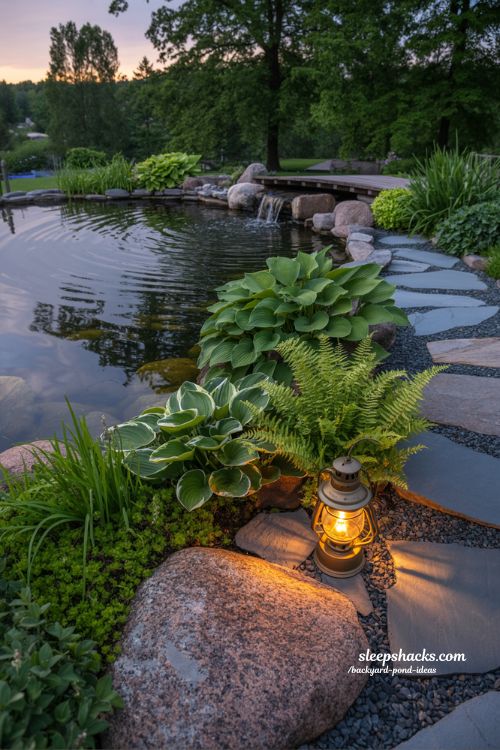 Evening view of a calm backyard pond with soft lights and lush plants.