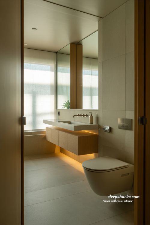 Floating fixtures modern small bathroom interior wall mounted sink toilet floating vanity minimalist Japandi design airy space illusion