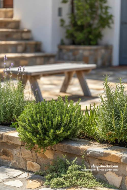 Fragrant Mediterranean Herb Garden with Lavender and Rosemary Seating Area
