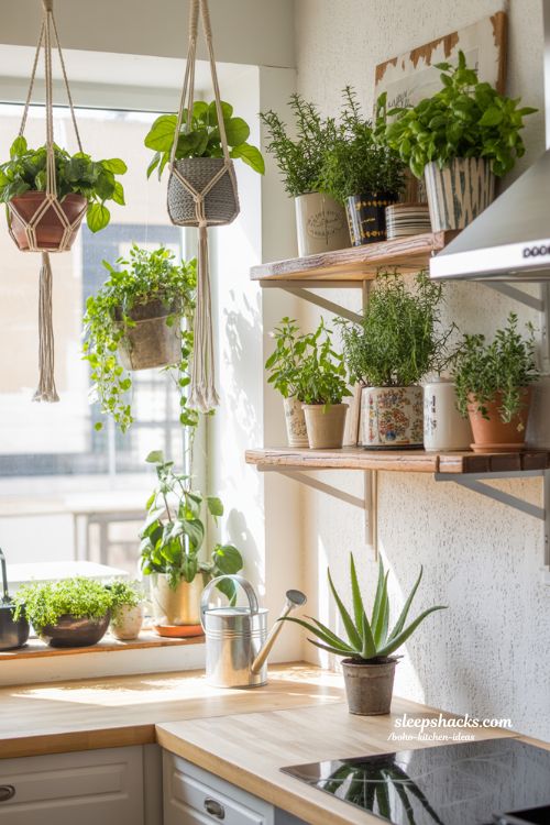 Fresh and Vibrant Boho Kitchen Ideas featuring Thriving Indoor Plants and Natural Light