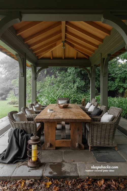 Functional outdoor covered patio design with large dining table and weather protection for year round family living