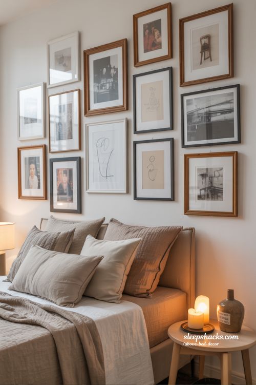 Gallery style above bed decor that tells your story in a cozy bedroom