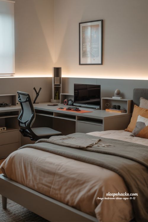 Gaming Boys Bedroom Ideas Ages 11 12 with Sleek Desk and LED Lighting