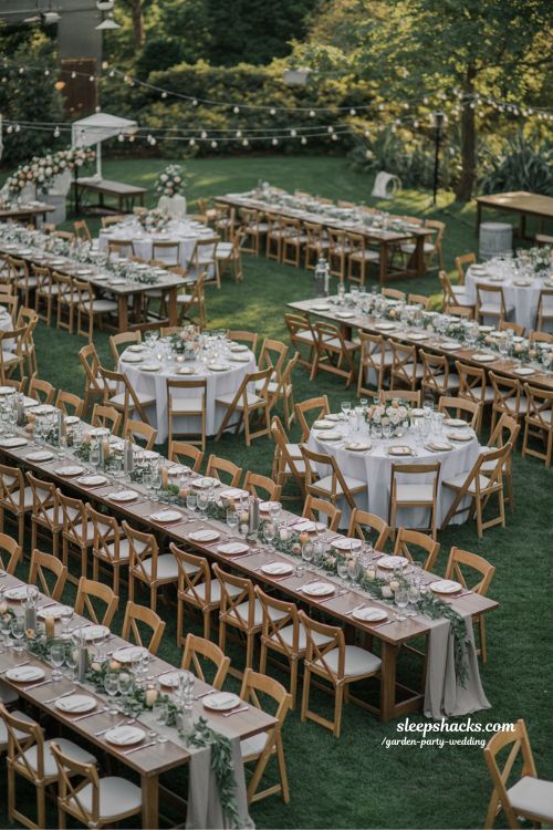 Garden Party Wedding Seating Layout with Mixed Tables and Elegant Flow