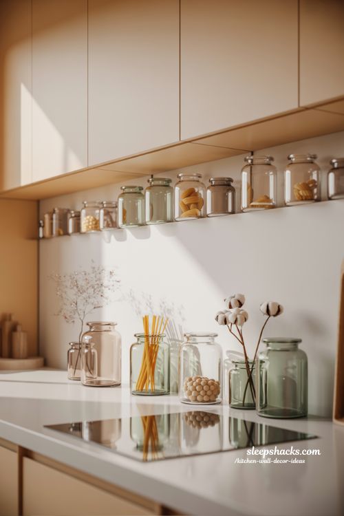 Glass Jars Above Kitchen Cabinets Creating Subtle Elegant and Airy Kitchen Decor