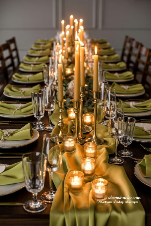Golden Candle Centerpieces with Chartreuse Accents for a Romantic Glow