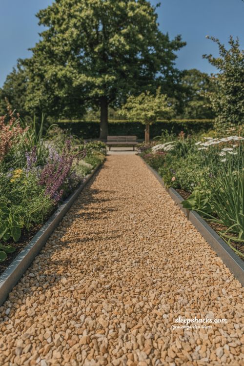 Golden Gravel Garden Path with Metal Edging and Flower Borders