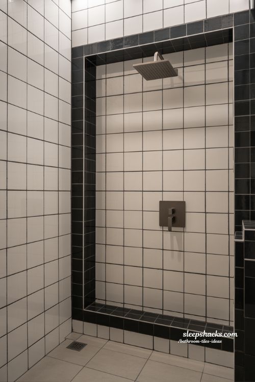 Graphic Modern Bathroom with White Square Tiles and Bold Charcoal Grout