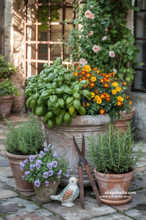 Herb and flower mixed garden ideas with marigolds basil pansies and thyme in stone planter
