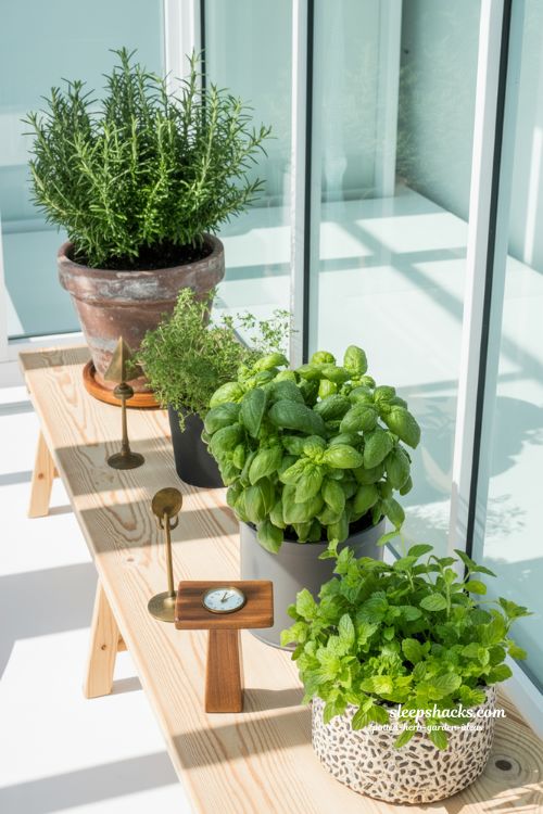 Herb garden sunlight requirements guide showing basil rosemary mint and parsley in a sunroom