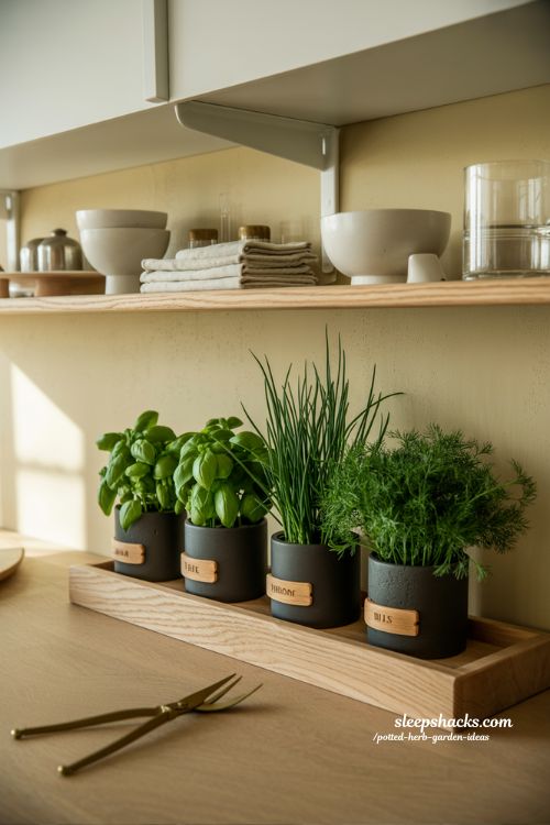 Indoor kitchen shelf herb garden ideas with basil and chives in black pots on wooden shelves