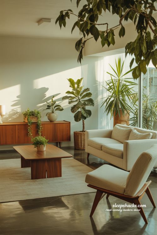 Indoor plants in mid-century modern decor living room with warm wood and soft natural light