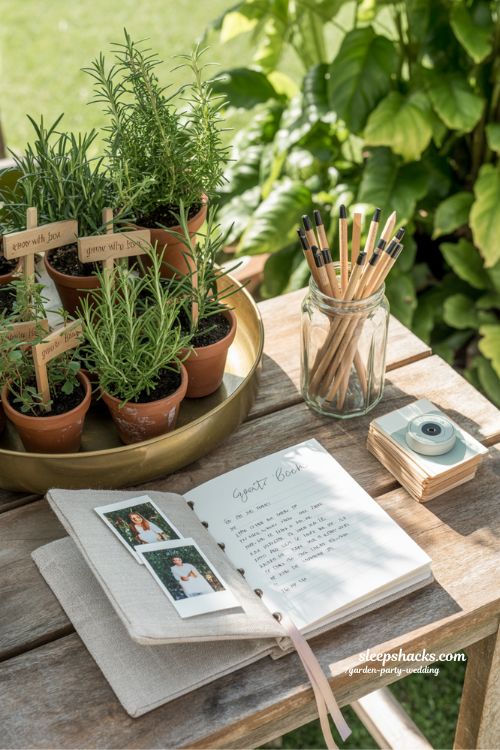 Interactive Garden Wedding Memory Station with Polaroid Guest Book and Living Herb Favors