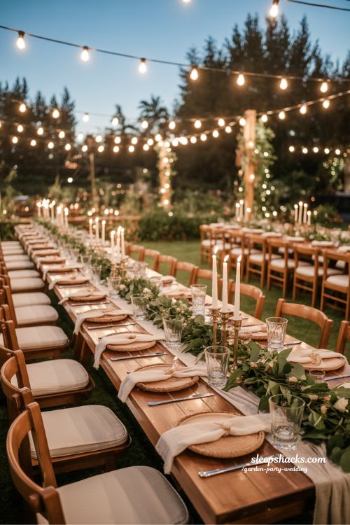 Intimate Garden Party Wedding Dining with String Lights and Rustic Tables