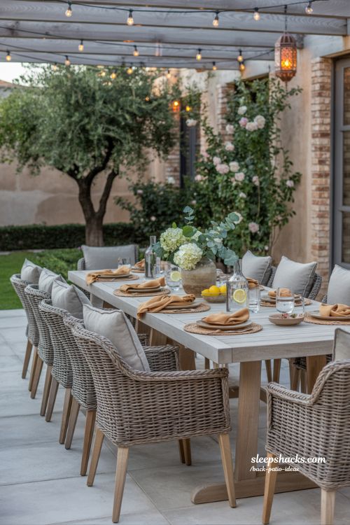 Inviting Outdoor Dining Back Patio with Large Teak Table and Hanging Lanterns