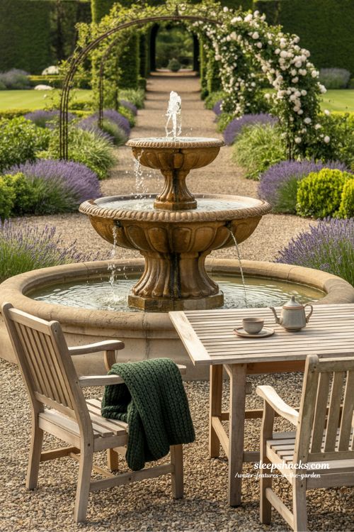 Large tiered stone garden fountain with teak seating creating a stunning focal point and a welcoming outdoor gathering space.