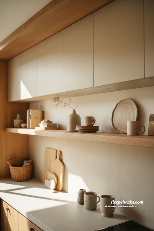 Layered Artwork Above Kitchen Cabinets Creating Quiet Drama in a Warm Modern Kitchen