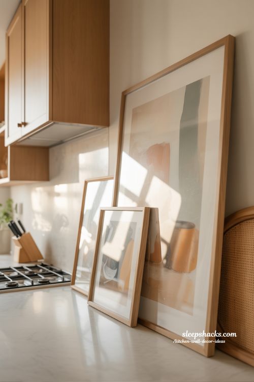 Layered Artwork Above Kitchen Cabinets Creating Quiet Drama in a Warm Modern Kitchen