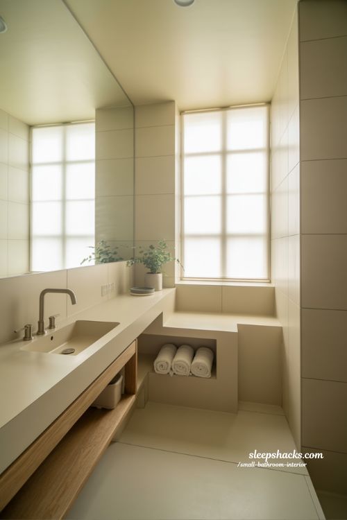 Light airy small bathroom interior with soft neutral color palette white beige gray modern minimalist design expanding space visually