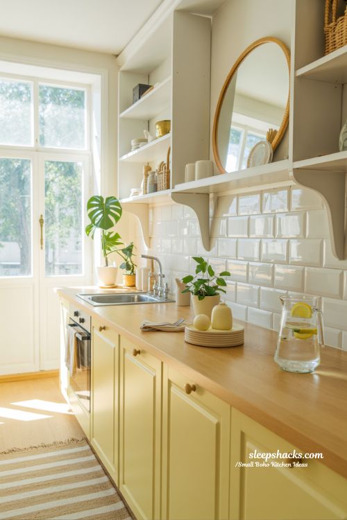 Light and Bright Small Boho Kitchen with Airy White and Wood Tones