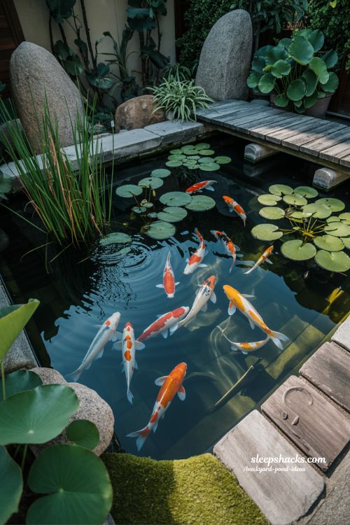 Living koi fish pond setup with clear water and natural stone landscaping