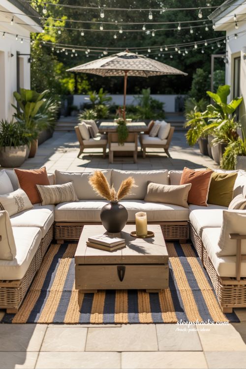 Lounge-Style Backyard Patio with Teak Sectional and Bohemian Accents for Relaxed Living