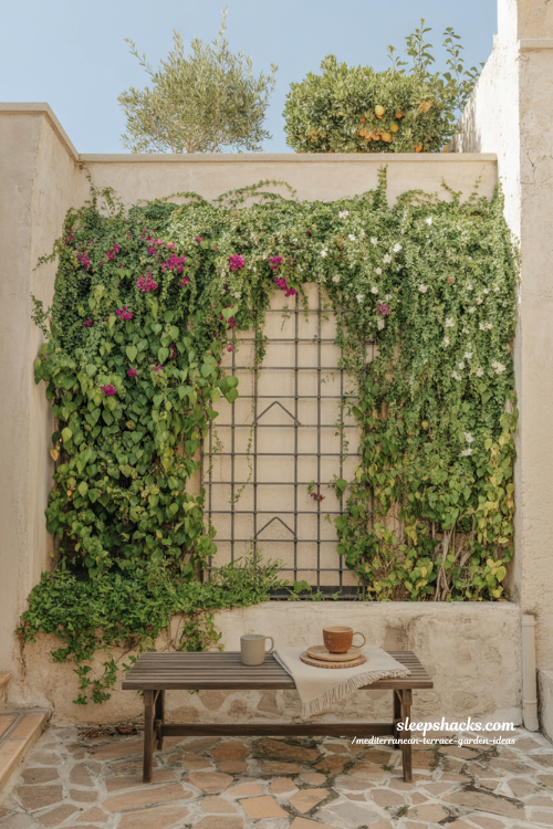 Lush Climbing Plants and Trellis for Privacy on Mediterranean Terrace