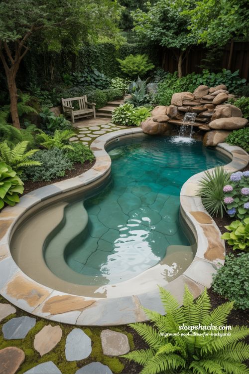 Lush Freeform Natural Inground Pool with Rock Waterfall and Garden Landscaping