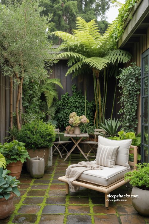 Lush Greenery-Filled Backyard Patio with Layered Plants for Privacy and Calm