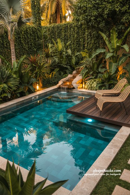 Lush Tropical Backyard Oasis with Custom Inground Pool and Wood Deck