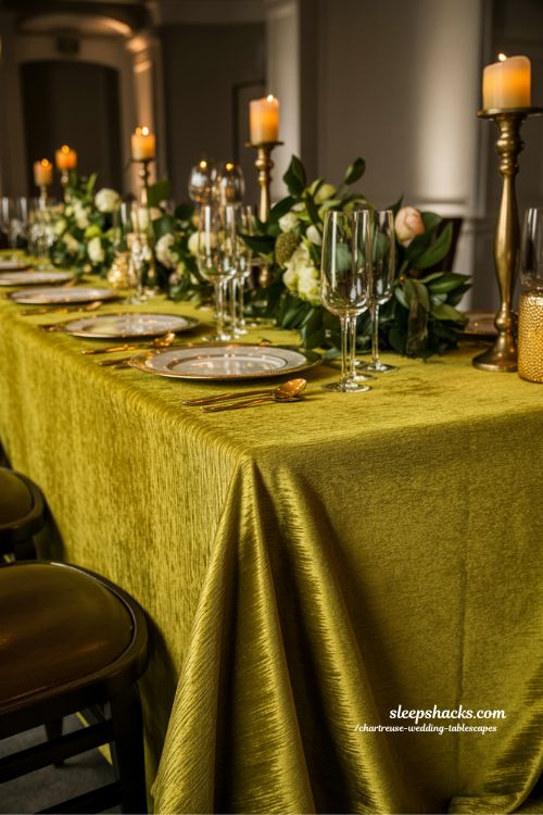 Luxurious Chartreuse Velvet Wedding Tablescapes with Gold Accents