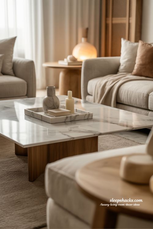 Luxury Living Room Decor Ideas Marble Accents Elegant Modern Interior Styling Warm Neutral Design