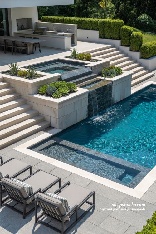 Luxury Multi-Level Inground Pool for Sloped Backyards with Infinity Edge and Stone Steps
