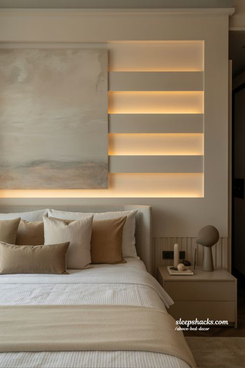 Luxury above bed decor ideas with elegant lighting and modern artwork