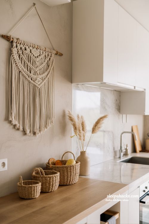 Macramé Wall Art and Woven Baskets for a Textured Boho Kitchen