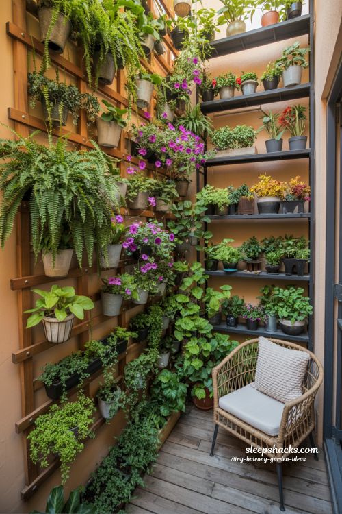 Maximizing Space: Lush Tiered Vertical Garden Wall on a Tiny Balcony
