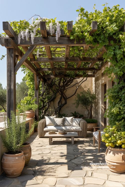 Mediterranean Patio Garden Ideas with Pergolas and Shade