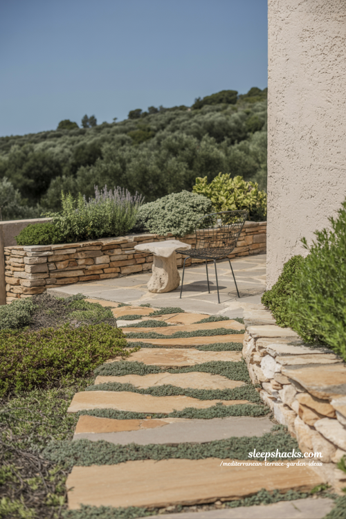 Mediterranean Stone Pathway and Dry-Stack Wall Garden Design