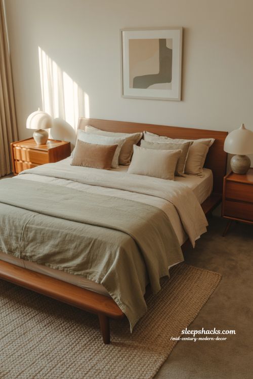 Mid-century modern bedroom calm with low wooden bed muted tones and soft natural light