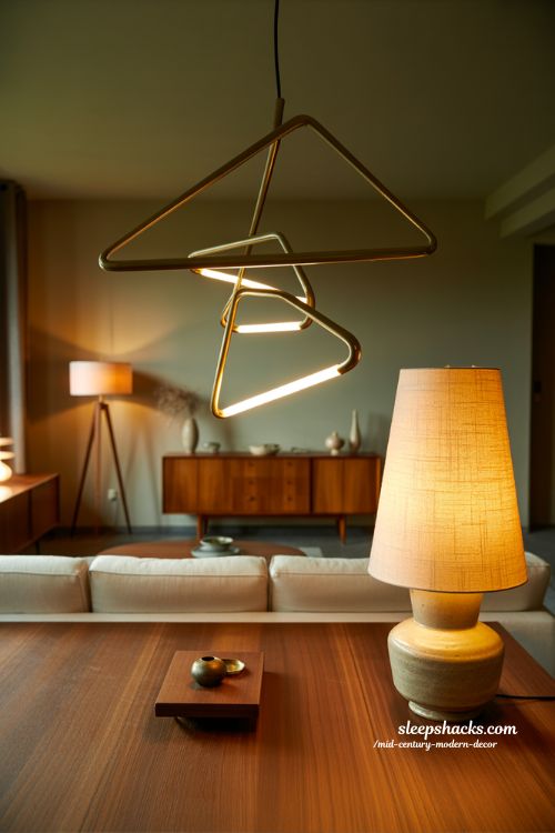 Mid-century modern decor living room with artistic brass lighting and warm glow
