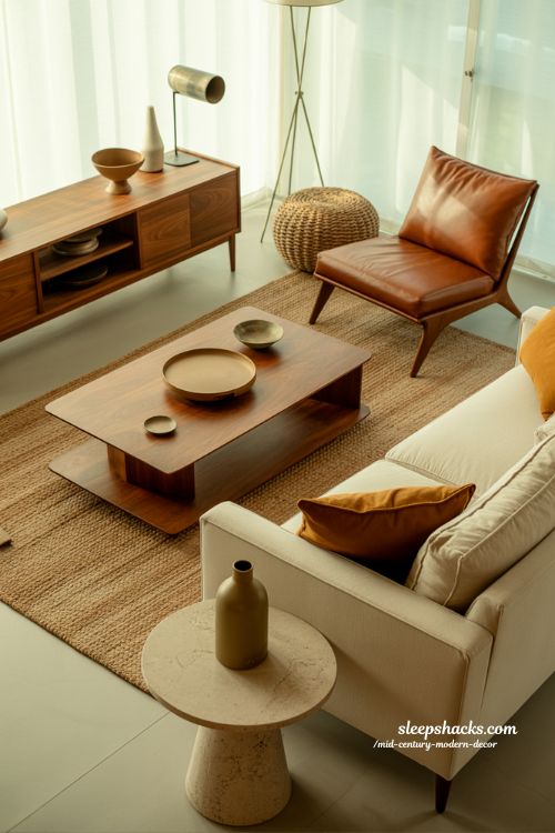 Mid-century modern decor living room with natural wood leather stone and glass textures