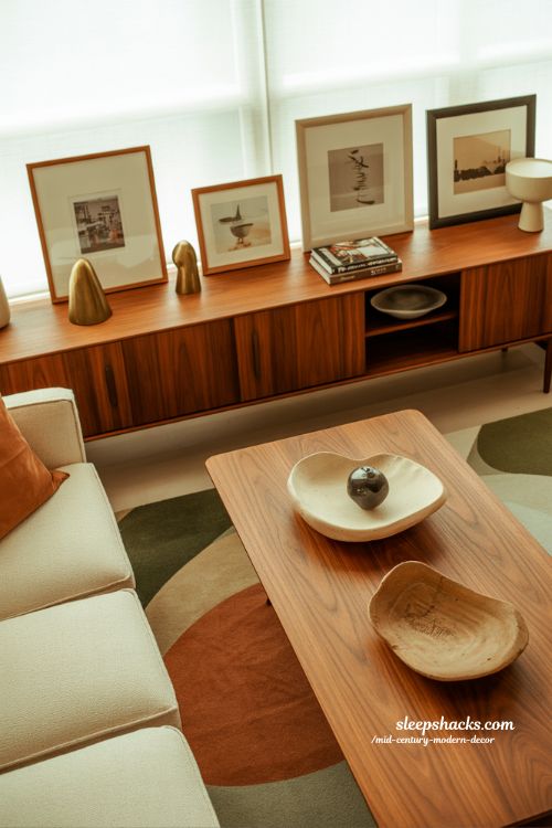 Mid-century modern decor living room with personal touches family photos handmade ceramics and warm lived-in atmosphere
