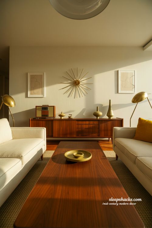 Mid-century modern decor living room with retro accents like sunburst clock and vintage radio