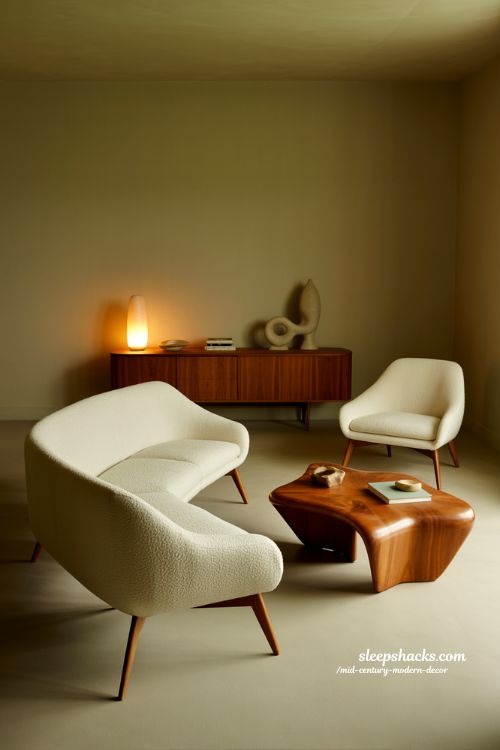Mid-century modern decor living room with sculptural statement furniture shapes