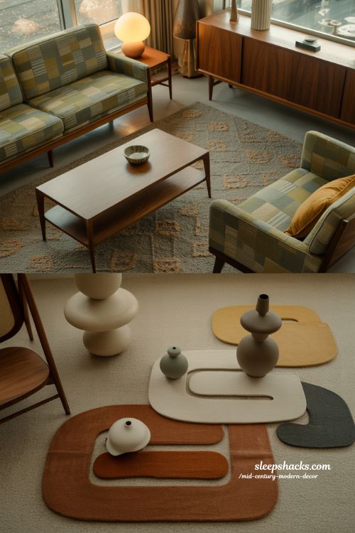 Mid-century modern decor living room with soft geometric patterns and warm textures
