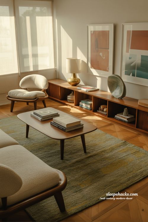 Mid-century modern decor living room with warm wood tones and soft curves