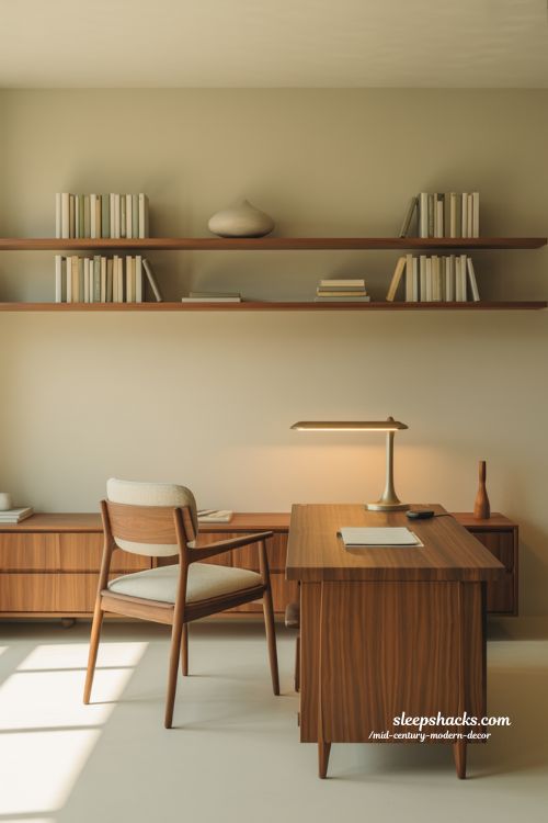Mid-century modern home office clean focus workspace with warm wood and minimal design