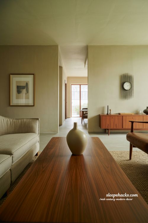 Minimal mid-century modern decor living room with purposeful decor placement and calm neutral tones